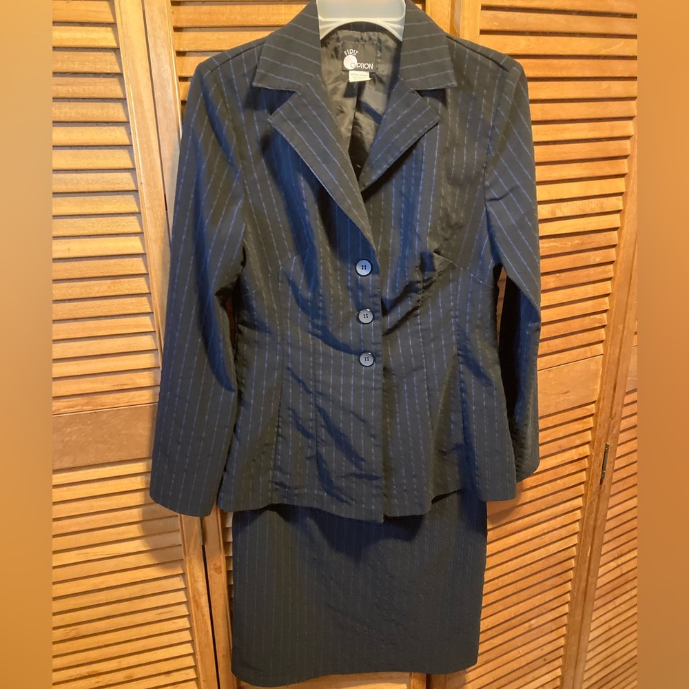 First Option Navy Blue Crinkle Design with Light Blue Pinstripes Skirt Suit